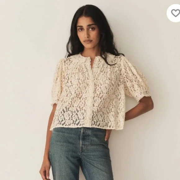 Doen Lenore Lace Collar Button Ruffle Short Sleeve Top Mother of Pearl Cream Tan - Picture 4 of 13